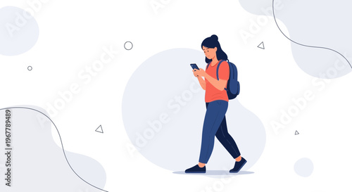 Young Woman with Backpack Texting on Phone While Walking