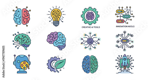 AI and Technology Icons: Brains, Robots, Gears, Lightbulbs, Circuits, Rocket
