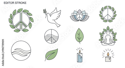 Peace Symbols, Dove, Lotus, Yoga, Candle Icons: Harmony and Serenity Collection