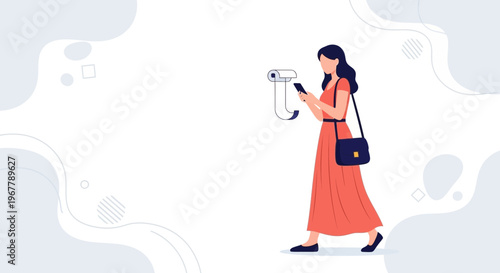 Woman using smartphone near ticket machine, modern lifestyle, payment, travel concept