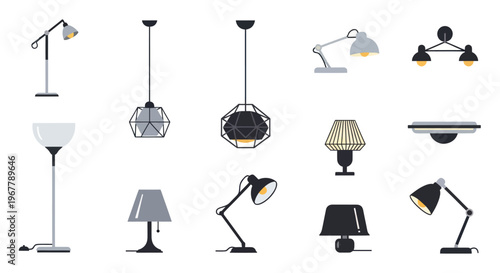 Collection of modern lighting fixtures, floor lamps, pendant lights, and desk lamps.
