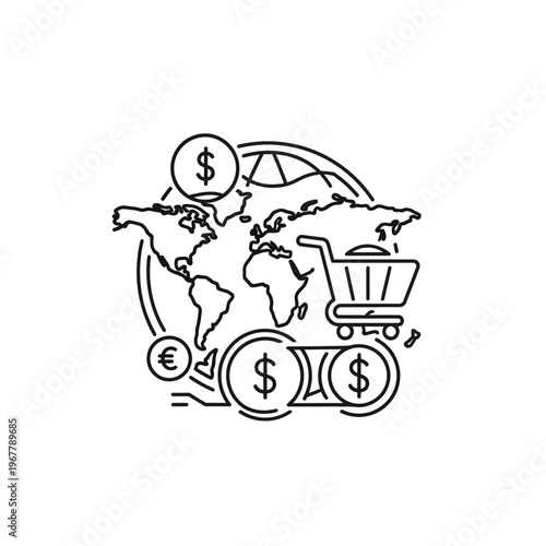 Global Trade and Commerce Concept with Currency and Shopping Cart Illustration
