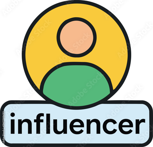 Vector illustration of an influencer icon with "influencer" text below. Flat vector style for social media, marketing, content creator, and digital influencer themes.