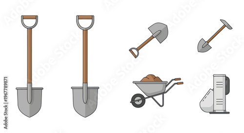 Gardening Tools Set: Shovels, Wheelbarrow, and Soil - Isolated Vector Icons