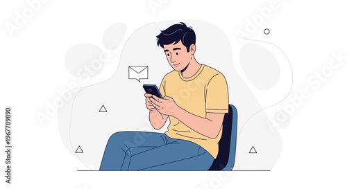 Young man using smartphone, receiving message, modern illustration, communication concept