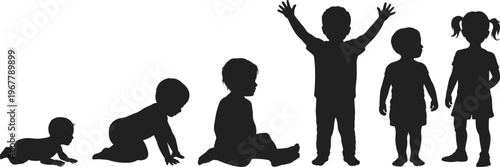 Collection of children silhouettes from baby crawling to toddler standing and little girl isolated on white background for growth concept