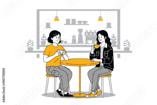 Two Women Drinking Coffee and Talking in Cafe