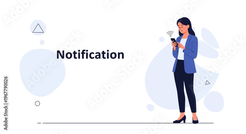 Woman checking phone notifications, modern business illustration with abstract shapes and text