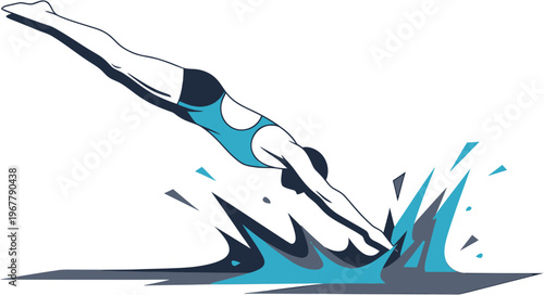Dynamic illustration of a swimmer diving gracefully into crystal-clear water, creating an energetic splash, capturing the essence of aquatic sports and active recreation
