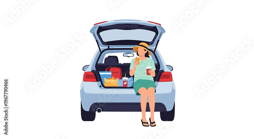 Person sitting on car trunk with food and drinks enjoying a break during a road trip vacation