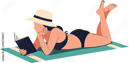 Young woman relaxing and sunbathing on a striped towel, enjoying a good book under the summer sun, perfect for a peaceful vacation getaway