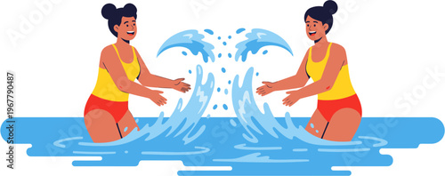 Vibrant illustration of two smiling women enjoying a refreshing splash in the water, embodying summer joy and friendship and leisure activity
