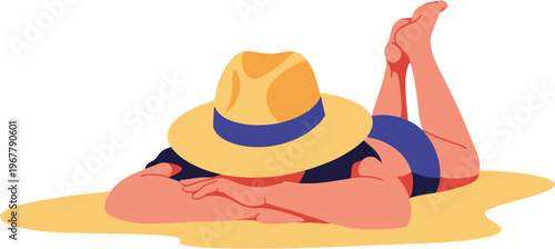 Tranquil summer escape with a person enjoying a peaceful day sunbathing on golden sand, wearing a stylish wide-brimmed hat, embodying serene vacation leisure