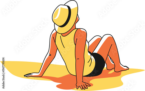 Vector illustration depicting a relaxed individual in a summer hat, sunbathing on warm sand, embodying a blissful vacation and leisure concept on a sunny day