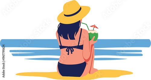 Woman in a bikini and sun hat enjoying a coconut drink on a sandy beach with the ocean in the background