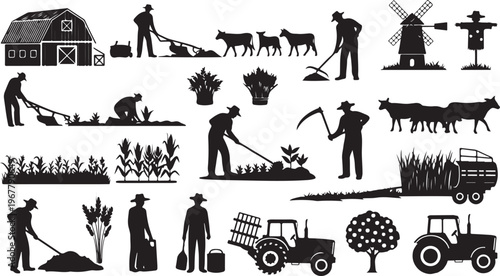 Farmers at work on a rural agricultural landscape scene