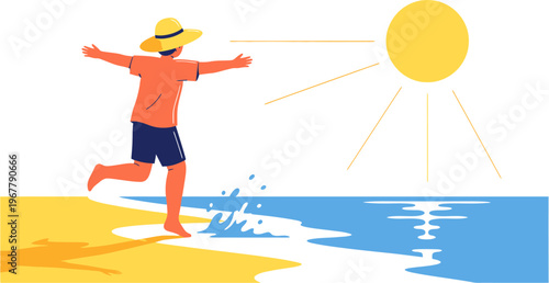 Joyful person in a straw hat running along a sunny sandy beach with water splashes, embodying summer vacation, freedom, and happiness by the ocean