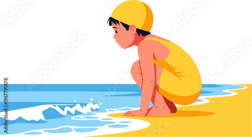 Curious young child in a bright yellow swimsuit and swim cap, crouching on a golden sandy beach, observing the gentle blue ocean waves washing ashore on a beautiful sunny summer day