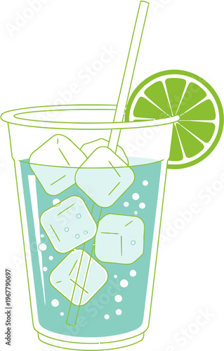 Refreshing cold beverage in a clear plastic cup with ice cubes, a lime slice, and a straw, perfect for a hot summer day