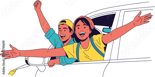 Excited friends enjoying a road trip, with arms outstretched and smiling faces, looking out of a car window, symbolizing adventure and freedom