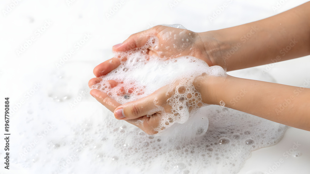 Fototapeta premium Childs hands covered in white soap foam for cleaning