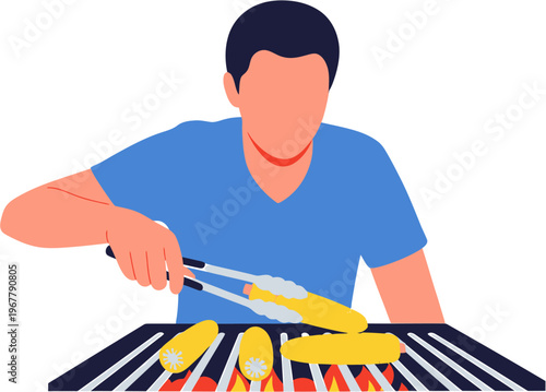 Vibrant illustration of a person skillfully grilling fresh corn cobs over a hot barbecue, capturing the essence of outdoor summer cooking and meal preparation