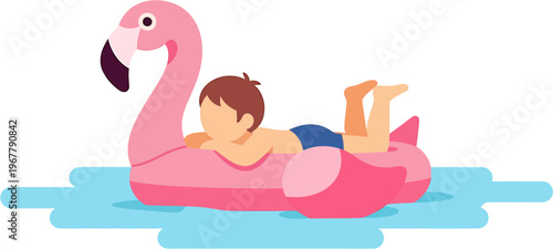 Child joyfully floating on a vibrant pink flamingo inflatable in the refreshing blue water of a swimming pool, embracing the relaxed and fun atmosphere of a summer vacation day