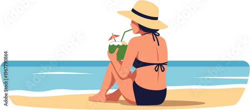 Woman in a straw hat relaxing on a beach and drinking a coconut water