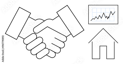 Business deals, real estate transactions, partnership, finance, growth, trust. A handshake with a rising chart and house icon. Business deals and real estate transactions