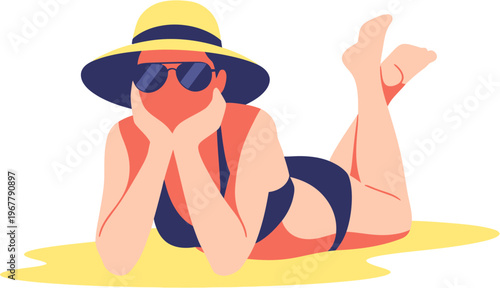 A woman wearing a hat and sunglasses relaxes on a beach under the warm sun, enjoying a peaceful summer vacation