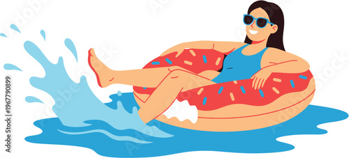 Happy young woman enjoying a summer day while floating on a donut-shaped inflatable ring in the water, splashing around with joy and excitement