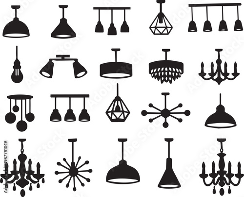 Collection of various hanging light fixtures on transparent background
