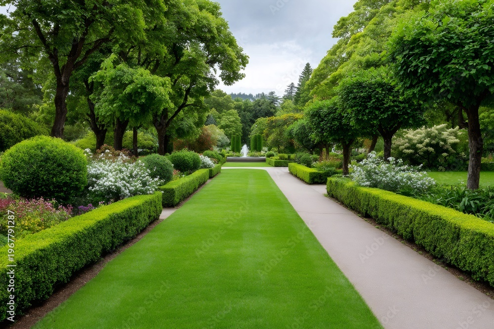 Fototapeta premium Formal garden landscaping featuring green lawn and fountain