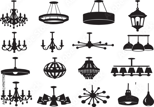Collection of various chandeliers and hanging lamps on transparent background