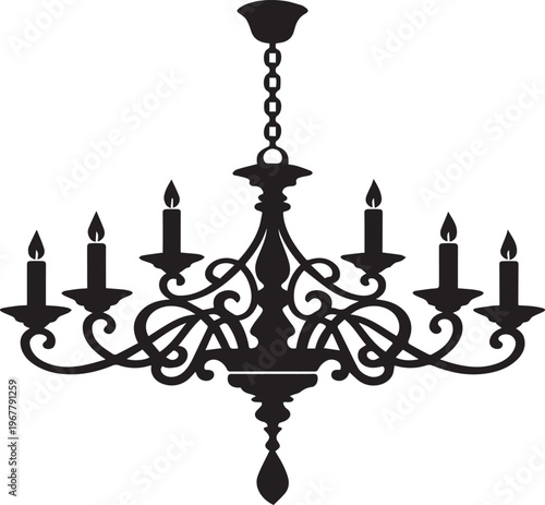 Black chandelier silhouette on transparent background with six lit candles