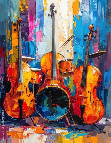 Vibrant Abstract Painting of String Instruments and Drums.
