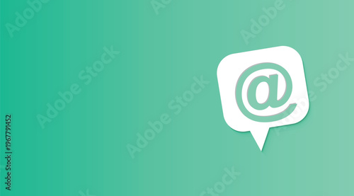 Minimalist email at symbol icon in speech bubble, digital communication vector on green gradient background, contact us web banner with copy space
