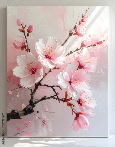 Vibrant Pink Cherry Blossom Branch Painting on Canvas.