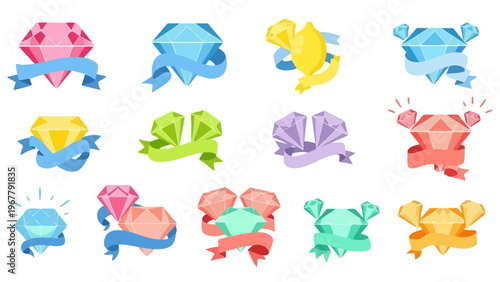 Colorful Cartoon Hearts with Ribbons and Gemstone-like Decorations for Romantic Celebrations
