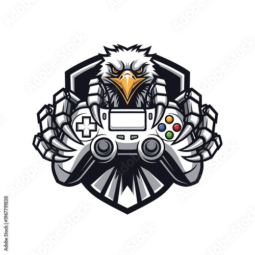 Eagle mascot holding video game controller.