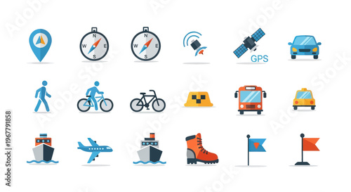 Travel and Navigation Icons: Location, Compass, GPS, Vehicles, and Transport Symbols