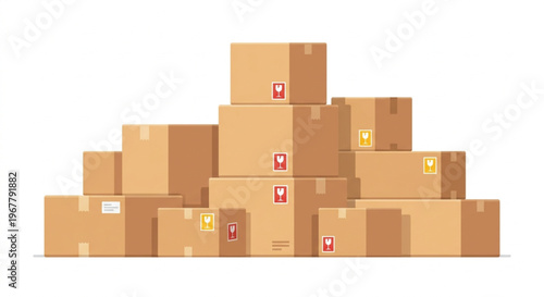 Stack of Cardboard Boxes with Fragile Stickers in Flat 2.0 Style Isolated on White Background