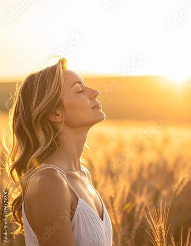 Woman enjoying golden hour in wheat field, feeling serene and peaceful.