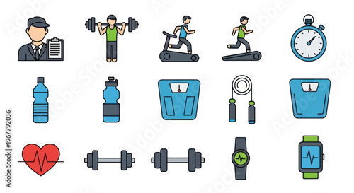 Fitness and Health Icons: Gym Equipment, Exercise, and Wellness Tools