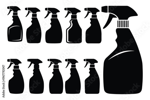 Black silhouettes of spray bottles cleaning supplies