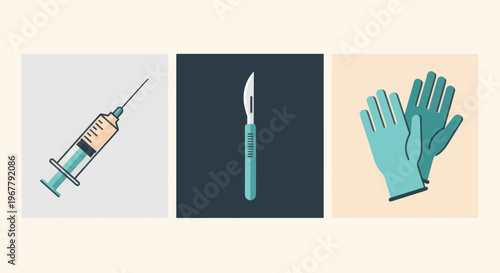 Medical Instruments: Syringe, Scalpel, and Gloves - Flat Design Icons