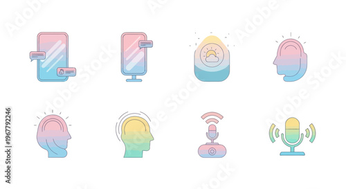 Digital Voice Assistant Icons: Set of speech, sound, and AI technology concepts