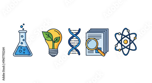 Science Icons: Chemistry, Innovation, Genetics, Research, Physics