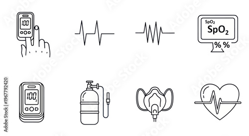 Medical Icons: Pulse Oximeter, ECG, Oxygen Tank, Resuscitator, Heartbeat