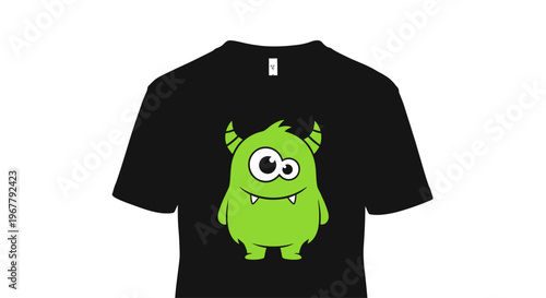 Cute and playful green cartoon monster character with horns and big eyes on a black T-shirt